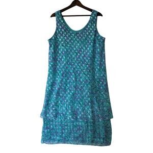 VTG Patra Dress Blue Water-Color Metallic Threading Tiered Size 18 Fairy 80s 90s